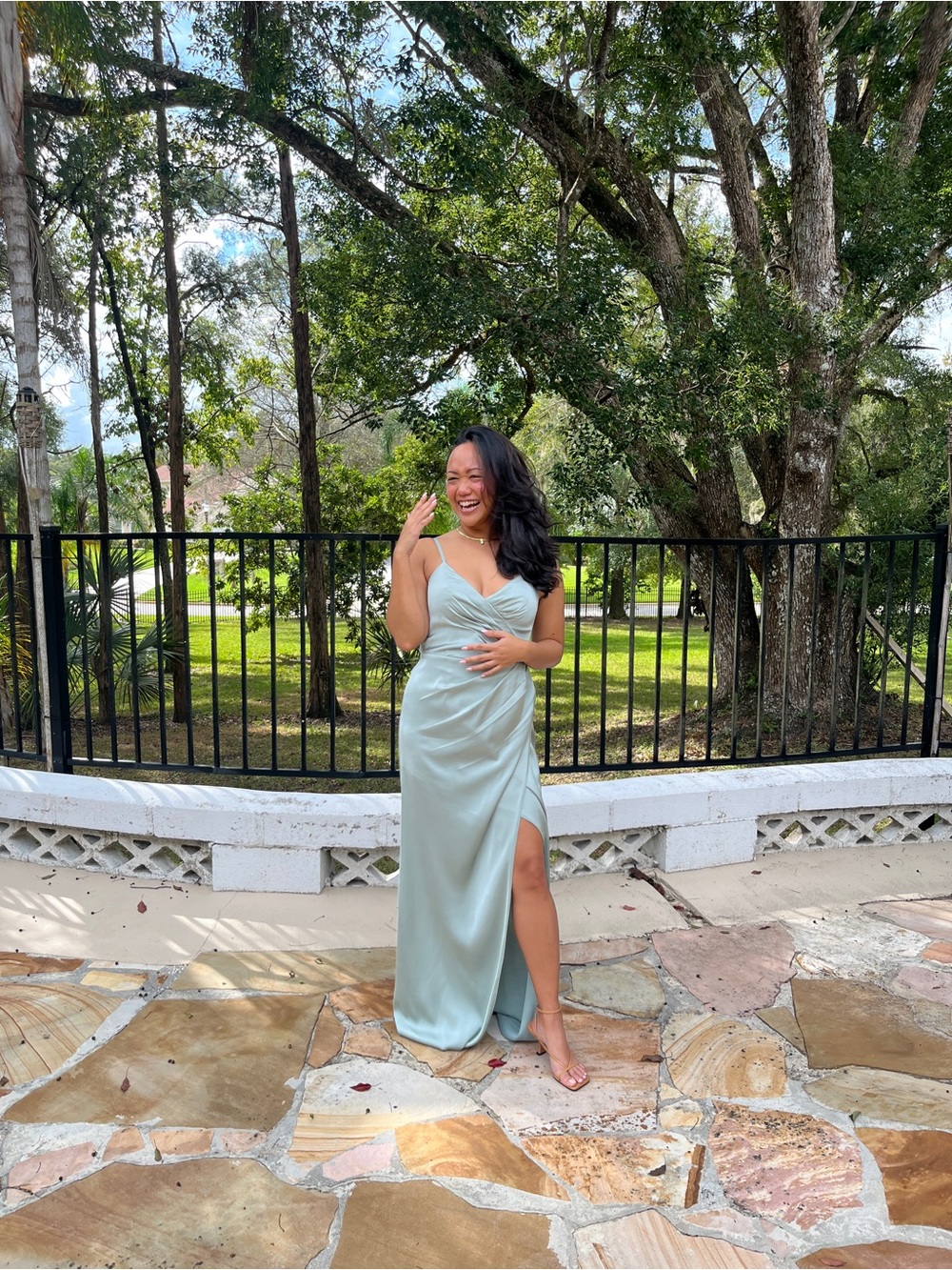 Satin V-Neck Slit Evening Gown in Sage Green